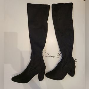 KNEE HIGH BOOTS - black heels stuart weitzman like silver zip back Sz 6